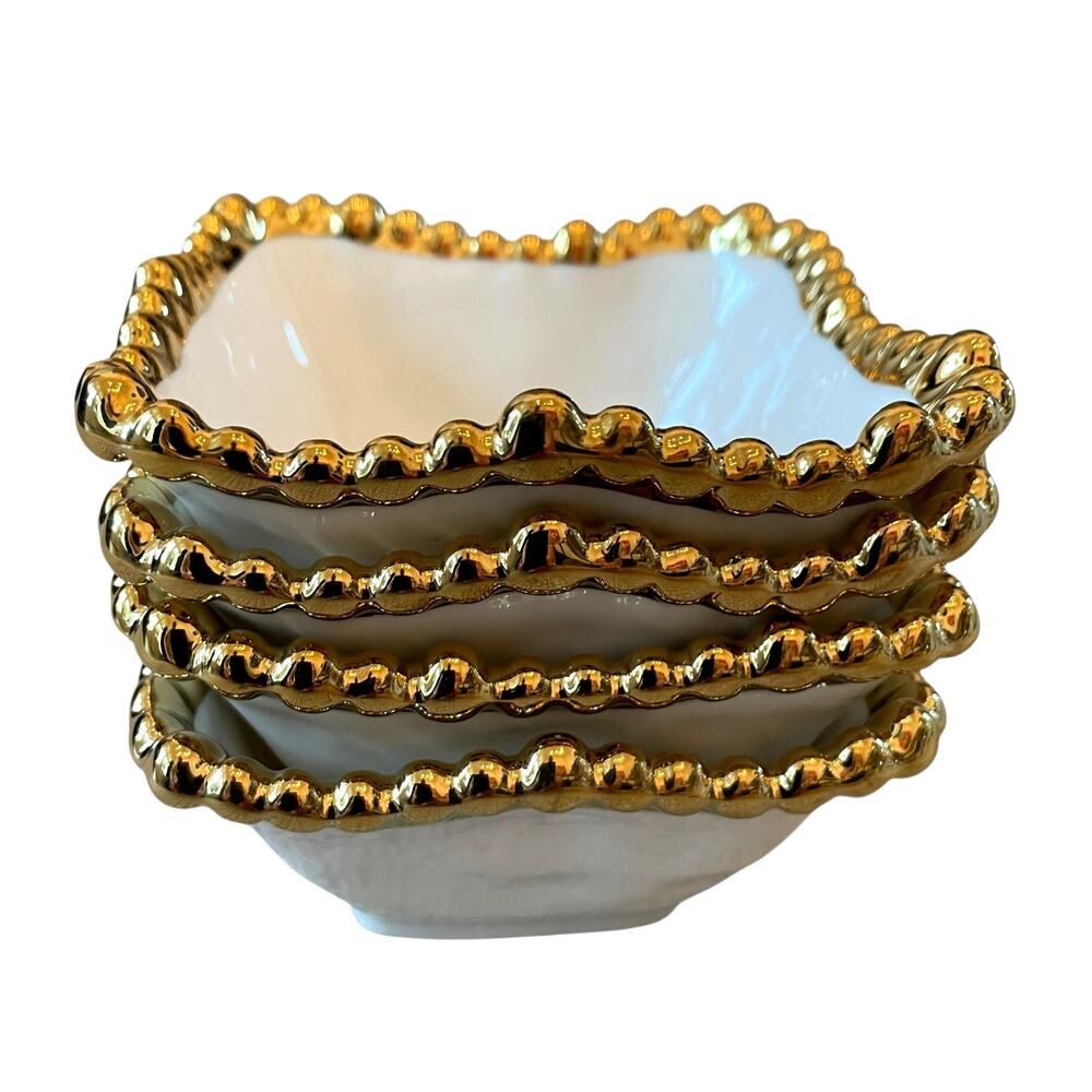 Perla White Porcelain Tidbit Bowls with Gold Beaded Edge 4in Square Set of 4 NEW